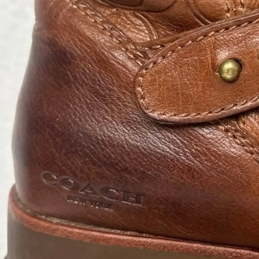 Coach Virginia Embossed Logo Women Boots Size 8 Brown Leather Tall Boots
